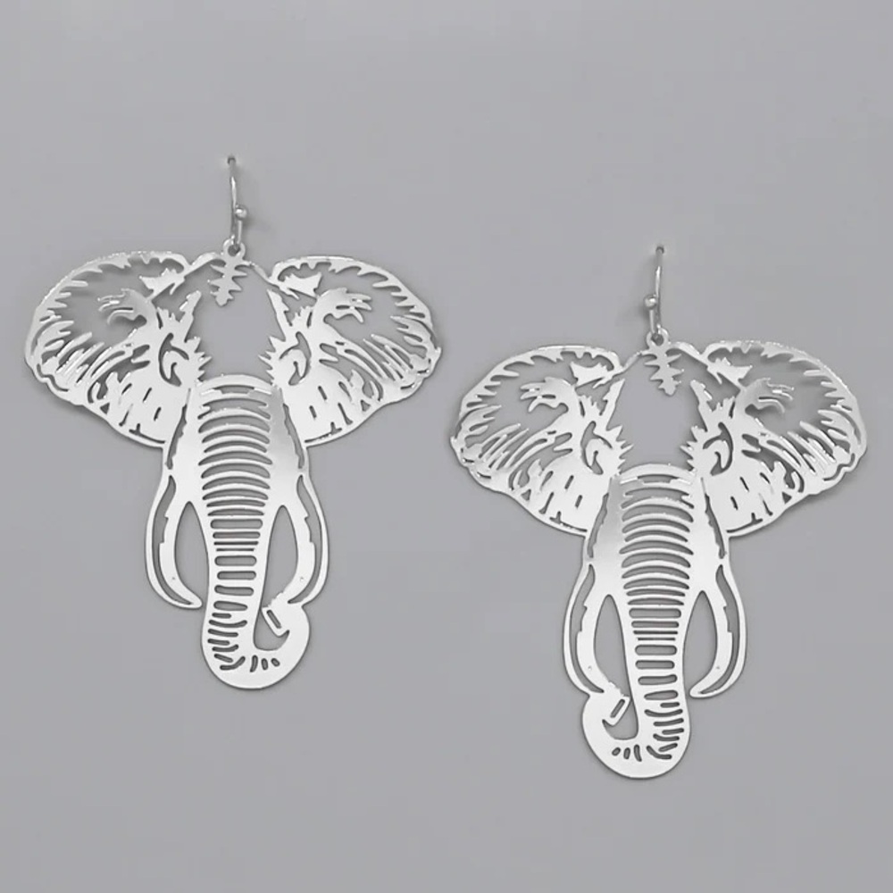 Silver Elephant Filagree laser Cutout Dangle Earrings Safari statement